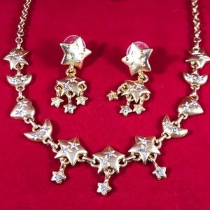 Star and moon Matt gold necklace and earrings set